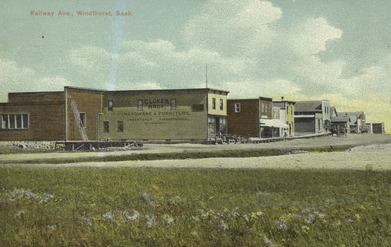 Railway Avenue with Clover Bros. Hardware & Furniture, about 1910